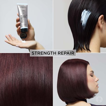 Four-image collage showcasing the L'Oréal Paris Féria Ultimate Conditioner. Top left: hand holding the silver product tube dispensing white conditioner. Top right: white conditioner being applied to dark hair. Bottom left: close-up of glossy, smooth, deep burgundy-coloured hair strands. Bottom right: model with a sleek bob of rich violet-red hair, seen from the side. Centre banner reads "Strength Repair.