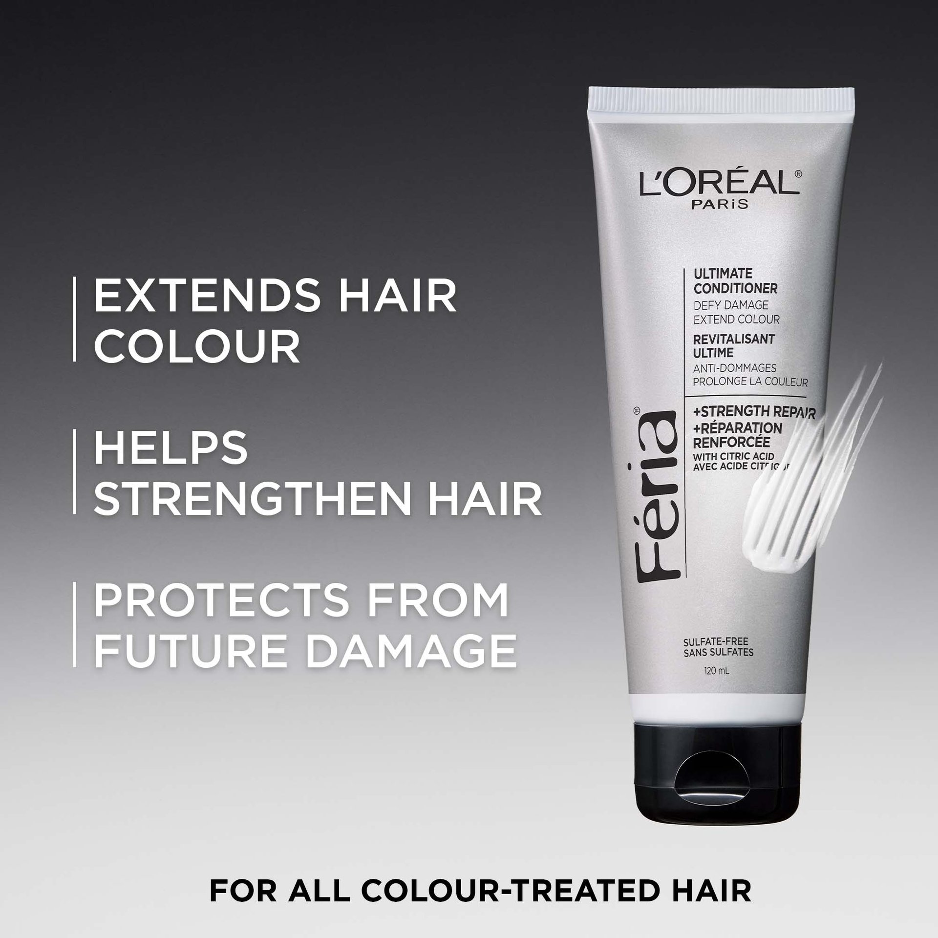 L'Oréal Paris Féria Ultimate Conditioner tube in silver packaging with a black cap, displayed against a dark gradient background. Text overlay lists three key benefits: "Extends Hair Colour," "Helps Strengthen Hair," and "Protects from Future Damage." Features +Strength Repair with Citric Acid formula. Sulfate-free, 120 mL. Tagline at bottom: "For All Colour-Treated Hair.