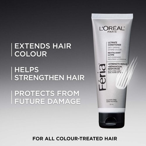 L'Oréal Paris Féria Ultimate Conditioner tube in silver packaging with a black cap, displayed against a dark gradient background. Text overlay lists three key benefits: "Extends Hair Colour," "Helps Strengthen Hair," and "Protects from Future Damage." Features +Strength Repair with Citric Acid formula. Sulfate-free, 120 mL. Tagline at bottom: "For All Colour-Treated Hair.