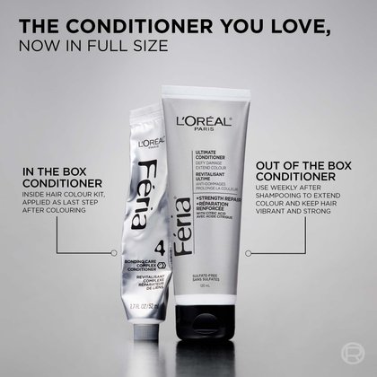 Side-by-side comparison of two L'Oréal Paris Féria conditioner formats against a grey background. Left: a small silver sachet labeled "In the Box Conditioner – Bonding Care Complex Conditioner, 1.7 FL OZ / 52 mL," included inside the hair colour kit and applied as the last step after colouring. Right: the full-size silver tube "Out of the Box Conditioner – Féria Ultimate Conditioner, +Strength Repair with Citric Acid, Sulfate-Free, 120 mL," to be used weekly after shampooing to extend colour and keep hair vibrant and strong. Headline reads: "The Conditioner You Love, Now in Full Size."