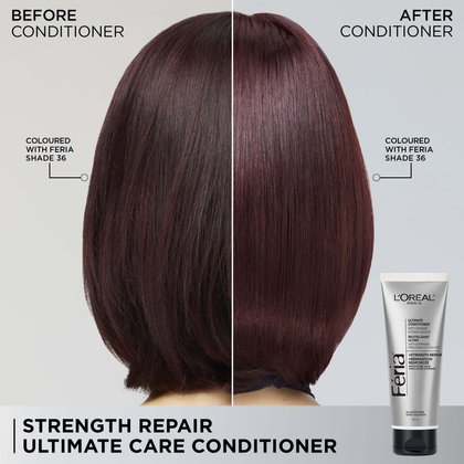 Side-by-side before-and-after comparison of colour-treated hair. Left side labeled "Before Conditioner" shows hair coloured with Féria Shade 36 appearing slightly dull. Right side labeled "After Conditioner" shows the same Féria Shade 36 hair looking visibly shinier, smoother, and more vibrant. The Féria Strength Repair Ultimate Care Conditioner product is shown in the bottom right corner.