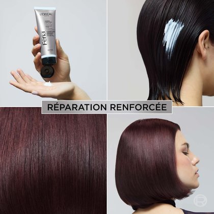 Collage de quatre images présentant le Revitalisant Ultime Féria de L'Oréal Paris. En haut à gauche : une main tenant le tube argenté du produit qui distribue du revitalisant blanc. En haut à droite : application du revitalisant blanc sur des cheveux foncés. En bas à gauche : gros plan sur des mèches de cheveux lisses et brillantes aux reflets bordeaux profonds. En bas à droite : mannequin avec un carré plongeant lisse aux nuances rouge-violet intenses, vu de profil. Bandeau central : « Réparation Renforcée. »