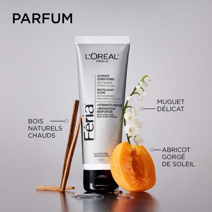 Tube argenté du Revitalisant Ultime Féria de L'Oréal Paris centré sur un fond neutre, entouré de trois ingrédients évocateurs de la fragrance avec des légendes. À gauche : des bâtonnets de bois légendés « Bois naturels chauds ». En haut à droite : des fleurs de muguet blanc légendées « Délicat muguet ». En bas à droite : un abricot coupé en deux légendé « Abricot mûri au soleil ». Titre en haut : « Fragrance. »