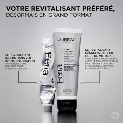 Comparaison côte à côte de deux formats du Revitalisant Féria de L'Oréal Paris sur fond gris. À gauche : un petit sachet argenté intitulé « Revitalisant inclus dans la boîte – Revitalisant Complexe Réparateur de Liens, 52 mL », inclus dans le kit de coloration et à appliquer en dernière étape après la coloration. À droite : le tube grand format argenté « Revitalisant Ultime Féria – +Réparation Renforcée avec acide citrique, sans sulfates, 120 mL », à utiliser chaque semaine après le shampooing pour prolonger la couleur et garder les cheveux éclatants et forts. Titre : « Le revitalisant que vous aimez, maintenant en grand format.