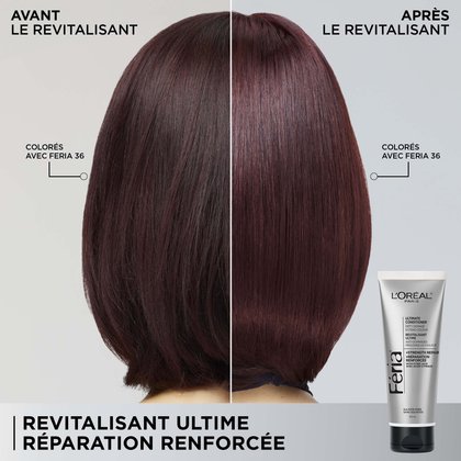 Comparaison côte à côte avant et après utilisation du revitalisant sur cheveux colorés. Côté gauche intitulé « Avant Revitalisant » : cheveux colorés avec la teinte Féria 36, à l'aspect légèrement terne. Côté droit intitulé « Après Revitalisant » : les mêmes cheveux teints avec la nuance Féria 36, visiblement plus brillants, plus lisses et plus éclatants. Le tube du Revitalisant Ultime Réparation Renforcée Féria est affiché en bas à droite.