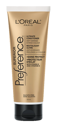 A vertical tube of L'Oréal Paris Superior Preference Ultimate Conditioner. The tube is a metallic gold color with a black flip-top cap. The text on the tube highlights that it is sulfate-free, contains Vitamin E, and is designed to defy damage and extend color.
