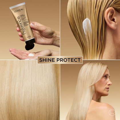 A four-panel image demonstrating the product. Top left: Hands squeezing the conditioner from the tube. Top right: The conditioner being applied to damp blonde hair. Bottom left: A close-up of smooth, shiny blonde hair. Bottom right: A side profile of a woman with long, lustrous blonde hair. The center text box reads "SHINE PROTECT."