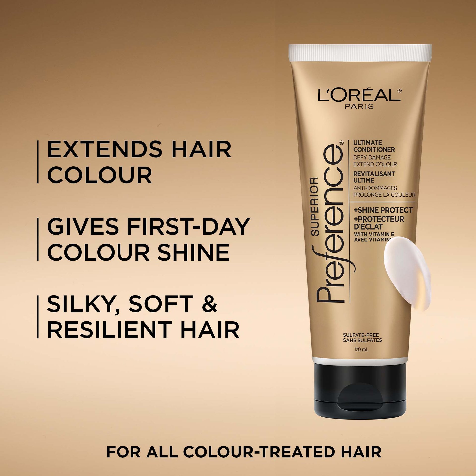 A gold-toned promotional image showing the Superior Preference conditioner tube and a dollop of white cream. To the left, large text lists the product benefits: "EXTENDS HAIR COLOUR," "GIVES FIRST-DAY COLOUR SHINE," and "SILKY, SOFT & RESILIENT HAIR." The bottom text reads, "FOR ALL COLOUR-TREATED HAIR."