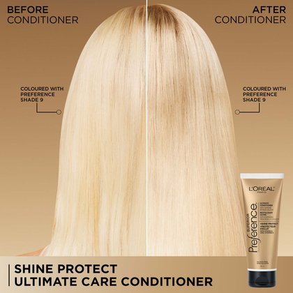 A split-screen comparison of a blonde woman's hair. The left side is labeled "BEFORE CONDITIONER" and appears slightly duller. The right side is labeled "AFTER CONDITIONER" and appears visibly brighter and shinier. Both sides note the hair was "COLOURED WITH PREFERENCE SHADE 9." The bottom banner reads "SHINE PROTECT ULTIMATE CARE CONDITIONER."