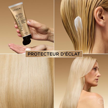 Une image en quatre panneaux illustrant l'utilisation du produit. En haut à gauche : des mains pressant le tube pour en extraire le revitalisant. En haut à droite : le revitalisant appliqué sur des cheveux blonds humides. En bas à gauche : un gros plan sur des cheveux blonds lisses et brillants. En bas à droite : le profil d'une femme aux longs cheveux blonds éclatants. Le boîtier de texte central indique « Protecteur d'éclat ».