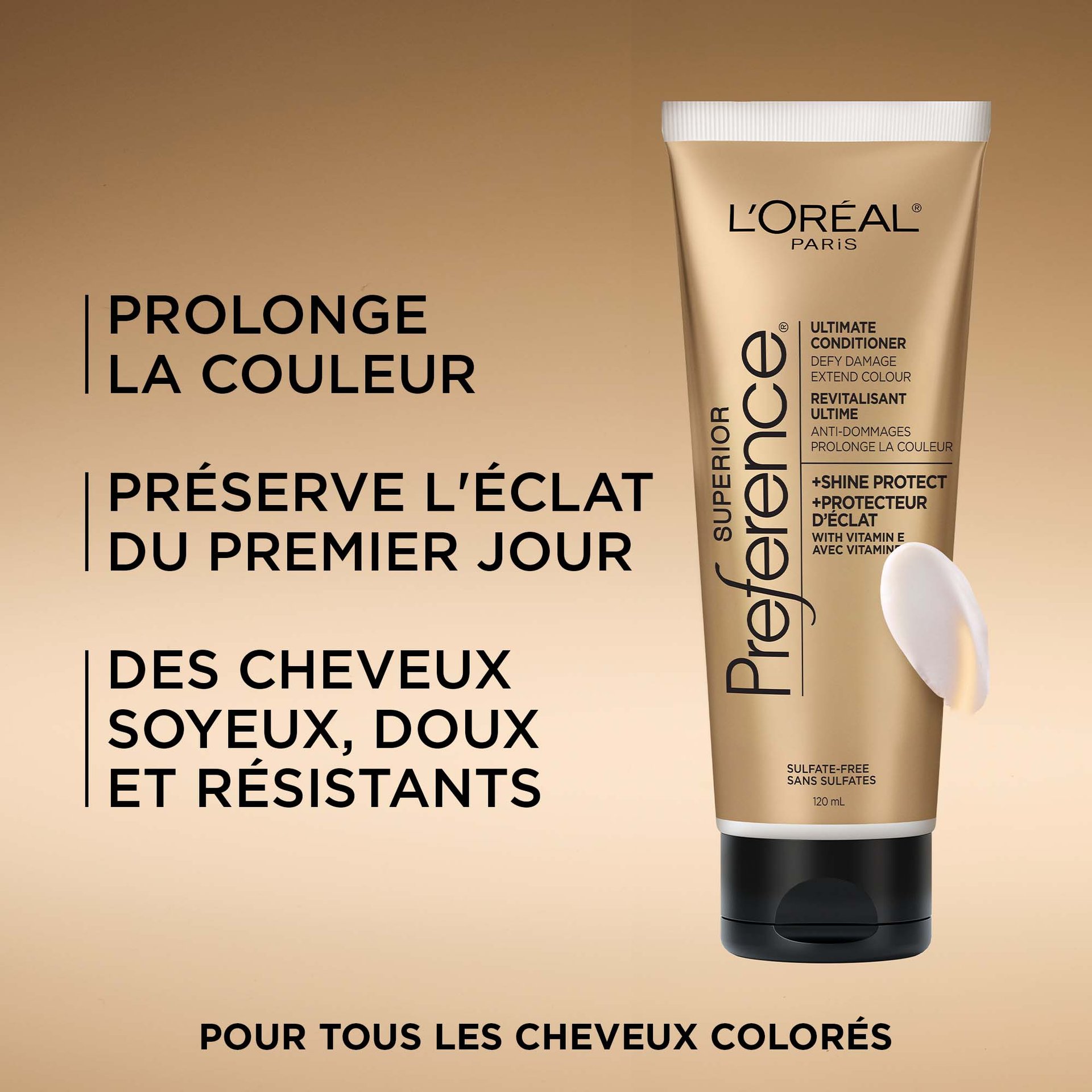 Une image promotionnelle aux tons dorés montrant le tube de revitalisant Superior Preference et une noisette de crème blanche. À gauche, le texte énumère les bienfaits du produit : « Prolonge la couleur des cheveux », « Donne un éclat de couleur dès le premier jour » et « Cheveux soyeux, doux et résistants ». Le texte en bas indique : « Pour tous les cheveux colorés ».