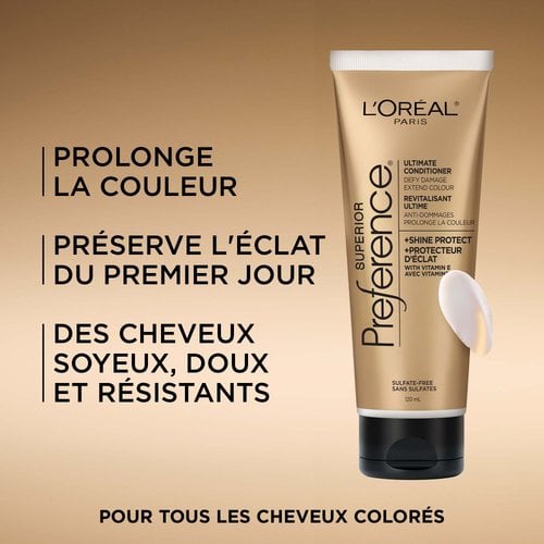 Une image promotionnelle aux tons dorés montrant le tube de revitalisant Superior Preference et une noisette de crème blanche. À gauche, le texte énumère les bienfaits du produit : « Prolonge la couleur des cheveux », « Donne un éclat de couleur dès le premier jour » et « Cheveux soyeux, doux et résistants ». Le texte en bas indique : « Pour tous les cheveux colorés ».