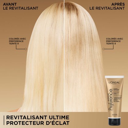Une comparaison sur écran divisé des cheveux d'une femme blonde. Le côté gauche est étiqueté « Avant revitalisant » et semble légèrement plus terne. Le côté droit est étiqueté « Après revitalisant » et est visiblement plus lumineux et brillant. Les deux côtés précisent que les cheveux ont été colorés avec la « Nuance 9 de Preference ». Le bandeau inférieur indique « Revitalisant Ultime Protecteur d'éclat ».