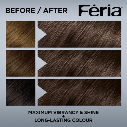 Hair before and after using Feria 40 Deeply Brown