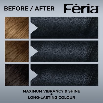 Hair before and after using Feria 21 Bright Black