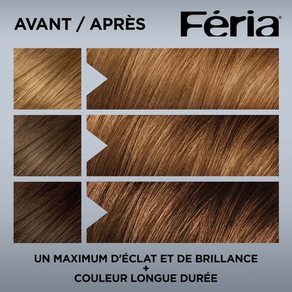 Avant et après la coloration Feria 59 Châtain Riche Doré