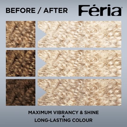 Hair before and after using Feria 205 Extra Bleach Blonde