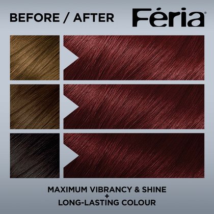 Hair before and after using Feria R48 Intense Deep Auburn