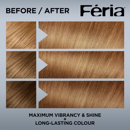 Hair before and after using Feria 73 Dark Golden Blonde