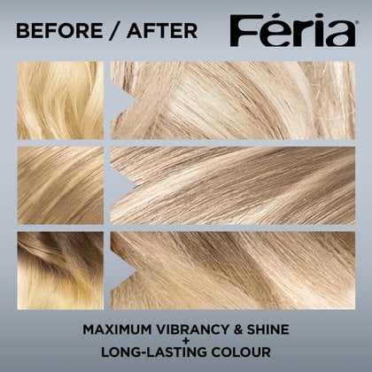 Hair before and after using Feria Champagne Blonde