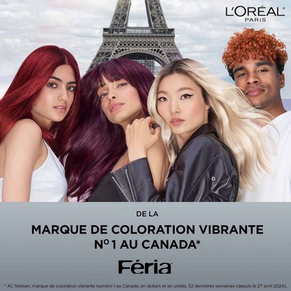 Feria est la marque de coloration vibrante numéro 1, 3 femmes dont 1 femme au cheveux rouge, 1 autre au cheveux violet, une autre décolorée et un homme au cheveux orange avec la tour eiffel en arrière plan