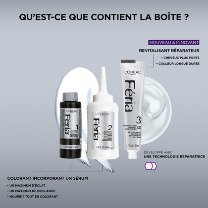 Une boite de coloration Feria contient 1 colorant infusé de sérum, un révélateur, 1 revitalisant réparateur