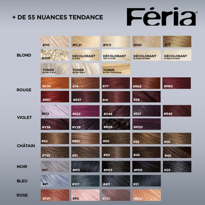 Toutes les nuances de coloration de Féria en passant par le blond, les décolorations, les rouges, les violets, les châtains, les noirs, les bleus et les roses