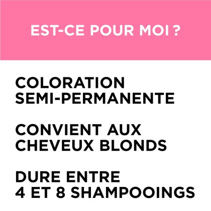 Colorista Semi Permanente est une coloration semi permanente, elle convient aux cheveux blonds et dure entre 4 et 8 shampoings