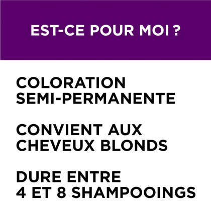 Colorista Semi Permanente est une coloration semi permanente, elle convient aux cheveux blonds et dure entre 4 et 8 shampoings