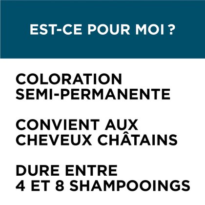Colorista Semi Permanente est une coloration semi permanente, elle convient aux cheveux châtains et dure entre 4 et 8 shampoings