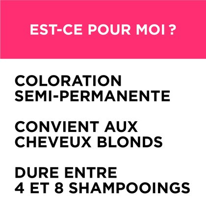 Colorista Semi Permanente est une coloration semi permanente, elle convient aux cheveux blonds et dure entre 4 et 8 shampoings
