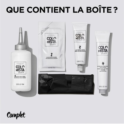 Le kit comprend un révélateur crème, une crème éclaircissante et un revitalisant violet anti-effets cuivrés