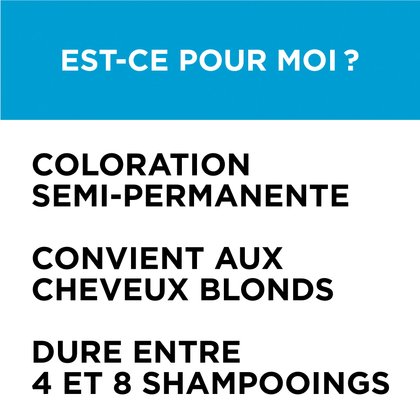Colorista Semi Permanente est une coloration semi permanente, elle convient aux cheveux blonds et dure entre 4 et 8 shampoings