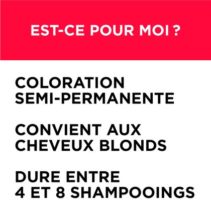 Colorista Semi Permanente est une coloration semi permanente, elle convient aux cheveux blonds et dure entre 4 et 8 shampoings