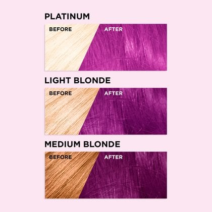 Hair before and after using the Colorista 04 Metallic Orchid