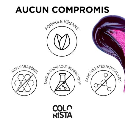 Colorista Semi Permanente est une formule végétalienne , sans parabènes, ammoniaque, peroxyde, sulfates et phtalates