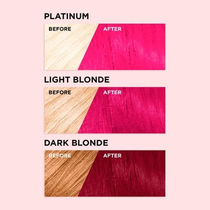 Hair before and after using the Colorista 03 Metallic Fuchsia