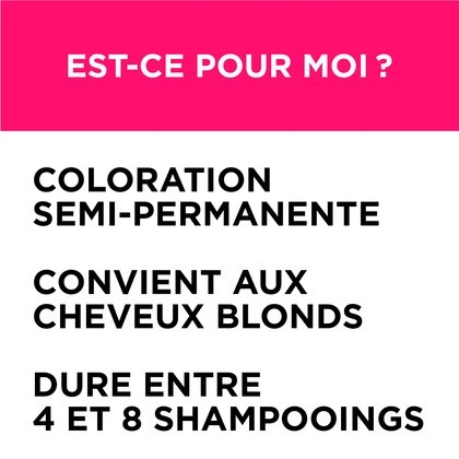 Colorista Semi Permanente est une coloration semi permanente, elle convient aux cheveux blonds et dure entre 4 et 8 shampoings