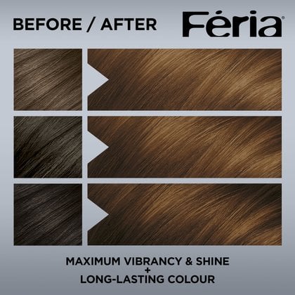 Hair before and after using Feria 65 Richest Caramel Brown