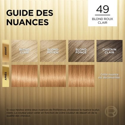 Avant et après la coloration Superior Preference 49 Blond Roux Clair