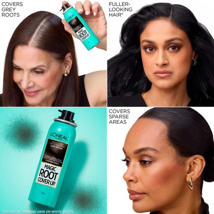 Four-panel montage demonstrating product efficacy. Top left: a woman applies the spray to her grey roots. Top right: a portrait showing 'fuller-looking hair'. Bottom left: the spray bottle with a spray effect. Bottom right: a side profile illustrating how the product 'covers sparse areas' at the hairline.
