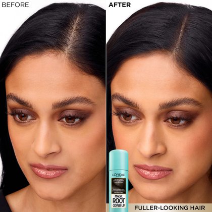 Before and after comparison of a woman's hairline using Magic Root Cover Up spray. On the left (Before), the roots at the top of the forehead appear slightly sparse. On the right (After), following the application of the Dark Brown shade, the hair looks denser and more uniform. The caption reads 'FULLER-LOOKING HAIR'