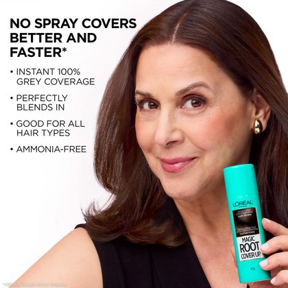 Portrait of a smiling woman holding a Dark Brown Magic Root Cover Up bottle. To the left, a list of benefits: Instant 100% grey coverage, perfectly blends in, good for all hair types, and ammonia-free. The headline claims that no spray covers better and faster.