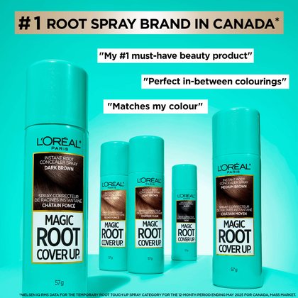 A lineup of several Magic Root Cover Up spray cans in various shades (Dark Brown, Dark Blonde, Light Brown, Black, Medium Brown) against a turquoise background. The top banner reads '#1 ROOT SPRAY BRAND IN CANADA'. Quote bubbles display customer testimonials such as 'My #1 must-have beauty product' and 'Matches my colour'