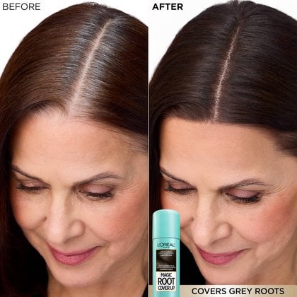 Before and after montage showing the effectiveness of Magic Root Cover Up spray. On the left ('BEFORE'), a woman's grey roots are visible along her center part. On the right ('AFTER'), after applying the Dark Brown shade, the grey hairs are completely covered for a uniform and natural result. The caption reads 'COVERS GREY ROOTS'