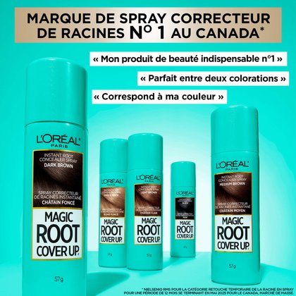 Présentation de plusieurs flacons de Magic Root Cover Up de différentes teintes (Châtain Foncé, Blond Foncé, Châtain Clair, Noir, Châtain Moyen) sur un fond turquoise. Le bandeau supérieur indique '#1 ROOT SPRAY BRAND IN CANADA'. Des bulles de texte affichent des avis clients comme 'Mon produit beauté indispensable n°1' ou 'S'adapte parfaitement à ma couleur'.