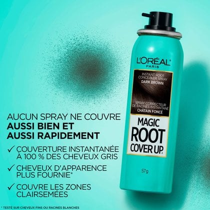 Un flacon de spray 'Magic Root Cover Up' de L'Oréal Paris pour cheveux châtain foncé est présenté sur un fond turquoise. Une tache de peinture pulvérisée foncée illustre l'application. Le texte met en avant : 'AUCUN SPRAY NE COUVRE MIEUX ET PLUS VITE', avec des puces indiquant une couverture instantanée des cheveux gris à 100%, des cheveux d'apparence plus dense et la couverture des zones clairsemées.