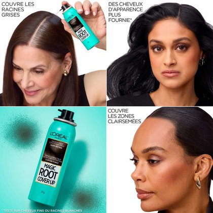 Montage de quatre images montrant l'efficacité du produit. En haut à gauche, une femme applique le spray sur ses racines grises. En haut à droite, un portrait montre des 'cheveux d'apparence plus dense'. En bas à gauche, le flacon est présenté avec son effet de pulvérisation. En bas à droite, un profil illustre comment le produit 'couvre les zones clairsemées' au niveau de la racine des cheveux.
