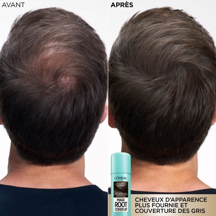 Comparaison avant-après de l'arrière de la tête d'un homme. À gauche, une zone de cheveux gris et clairsemés est visible au sommet du crâne. À droite, le produit a parfaitement couvert les gris et densifié l'apparence de la chevelure. Le texte précise 'FULLER-LOOKING HAIR & GREY COVERAGE'.