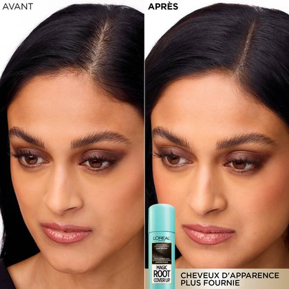 Comparaison avant-après montrant l'effet densifiant du spray Magic Root Cover Up sur le visage d'une femme. À gauche ('AVANT'), les racines au sommet du front sont légèrement clairsemées. À droite ('APRÈS'), après l'application de la teinte Châtain Foncé, la ligne de cheveux est parfaitement définie et la chevelure paraît plus dense. La mention 'CHEVEUX D'APPARENCE PLUS FOURNIE' est inscrite en bas.